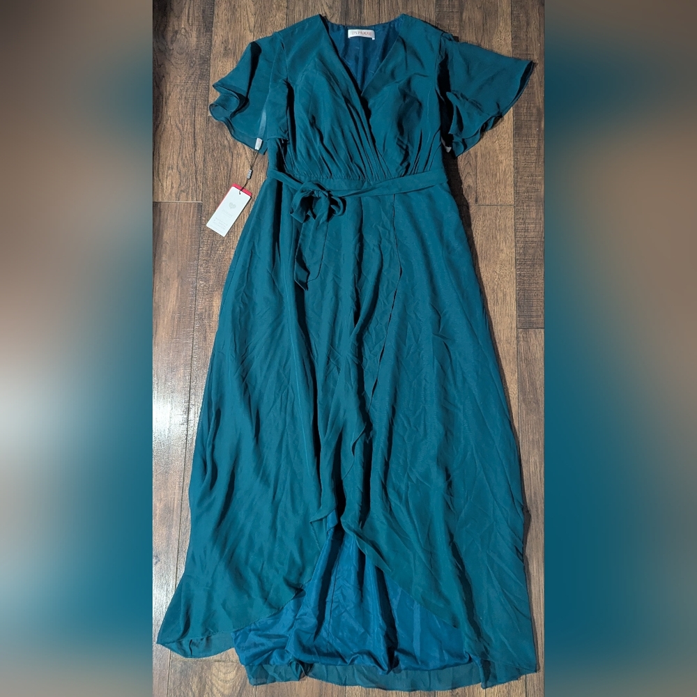 JJs House Formal Wedding Chiffon Gown Peacock Blue Flutter Sleeves Size 16 NWT